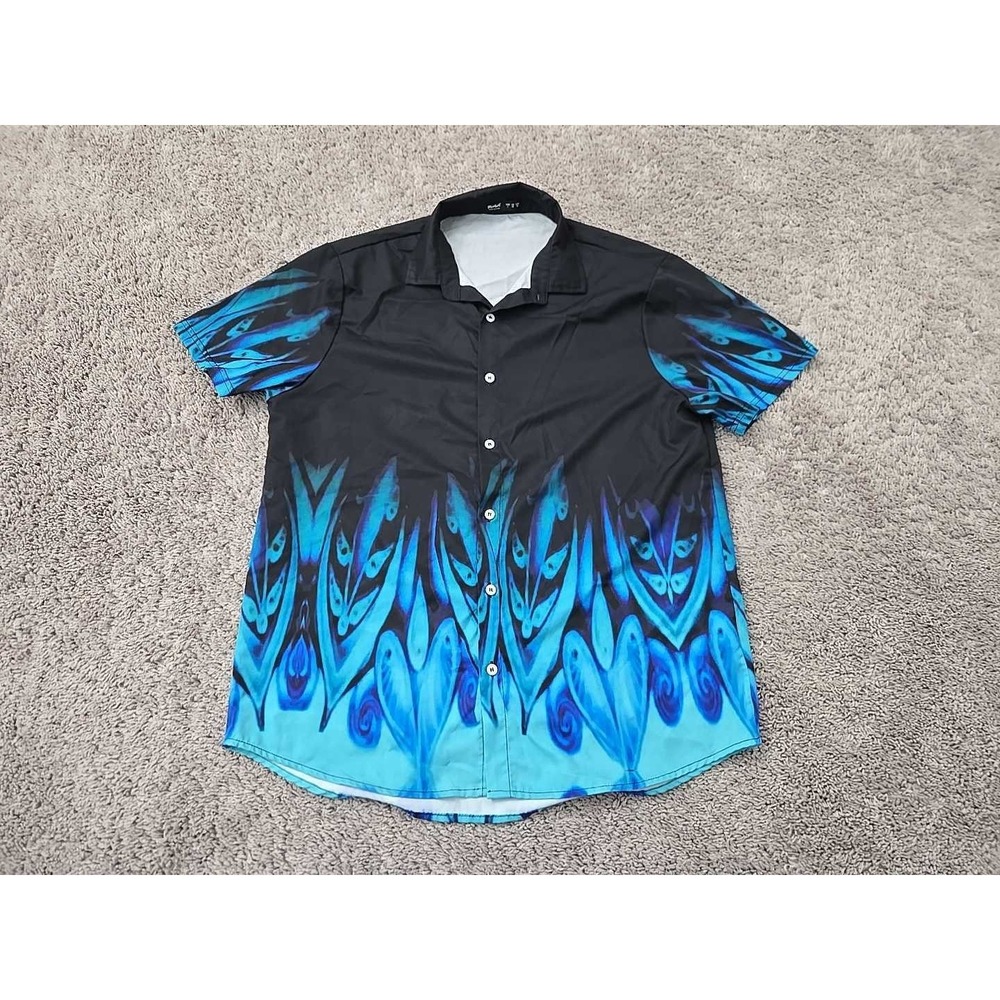 Romwe Button Up Shirt Mens L Black Blue Tribal Abstract Short Sleeve Cyberpunk